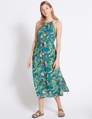 Tropical Print High Neck Maxi Dress